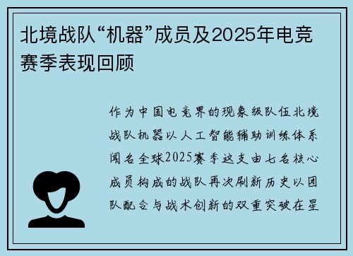 北境战队“机器”成员及2025年电竞赛季表现回顾