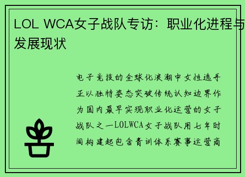 LOL WCA女子战队专访：职业化进程与发展现状