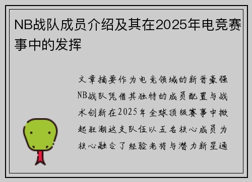 NB战队成员介绍及其在2025年电竞赛事中的发挥